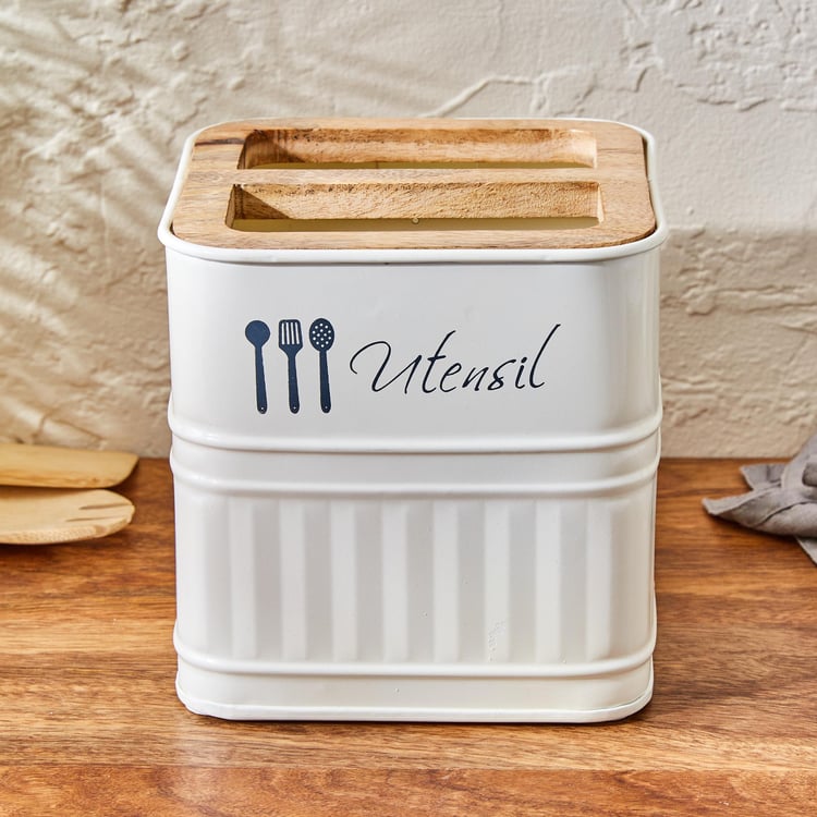 Metal Utensil Holder with Mango Wood Lid