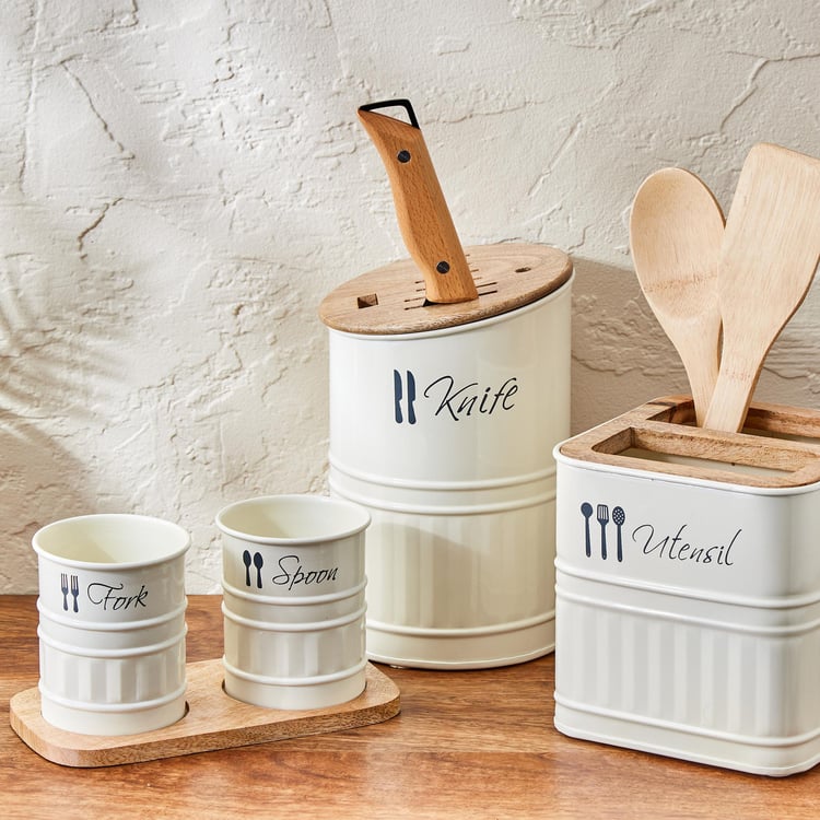 Metal Utensil Holder with Mango Wood Lid