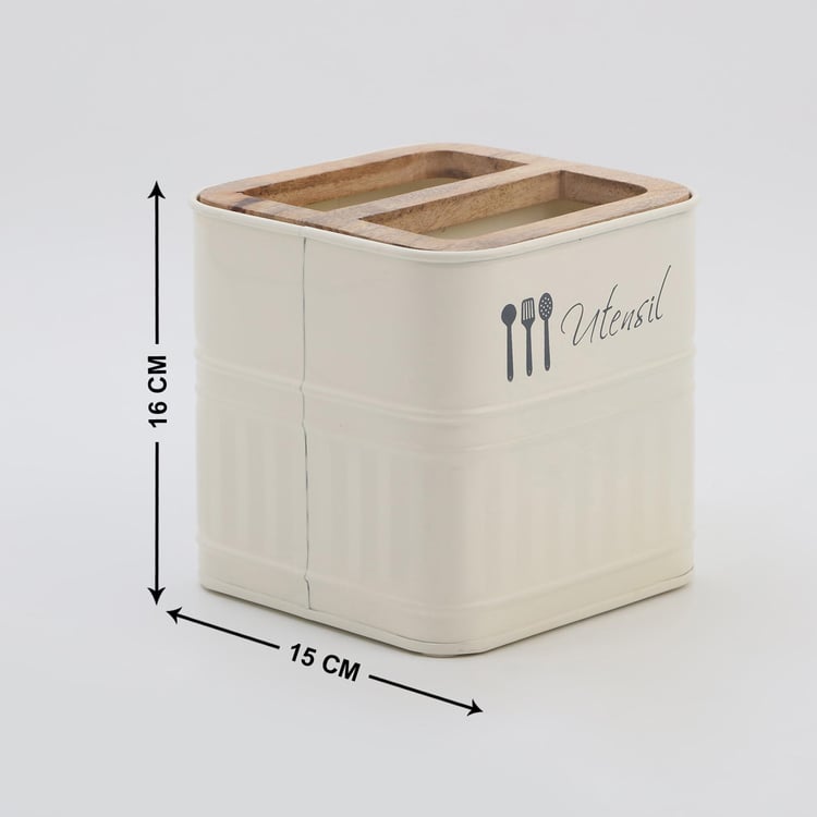 Metal Utensil Holder with Mango Wood Lid