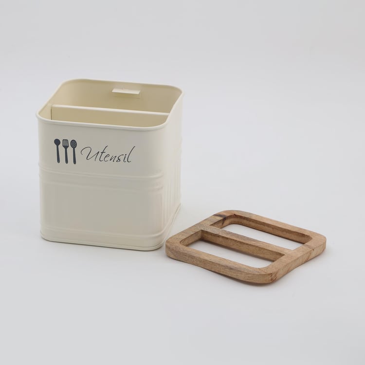 Metal Utensil Holder with Mango Wood Lid