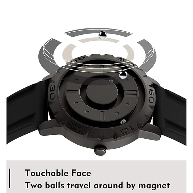 Men’s Magnetic Ball-Bearing Tactile Watch – Modern No-Hands Analog Timepiece with Dual Ball Indicators, Raised Markers, Recessed Tracks, Quartz Movement & Silicone Strap