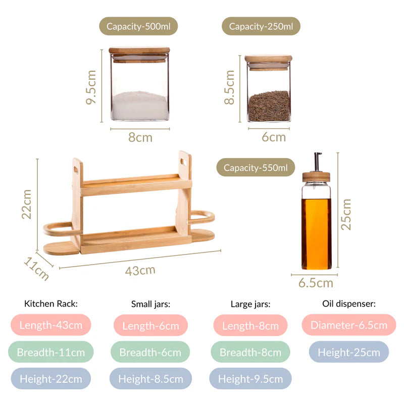 Kitchen Storage Rack With Set of 7 Spice Jars And Oil Dispensers
